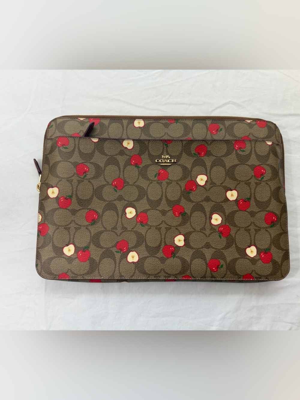 Coach Brown Signature Canvas Laptop Sleeve with Red Apple Print